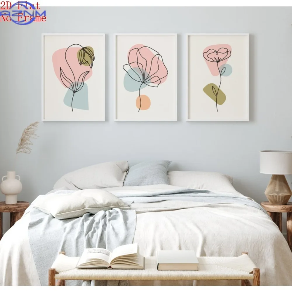 3pcs (Canvas Poster Unframed) Scandinavian Flower Line Art Prints, Minimalist Floral Set (Neutral Pastels)