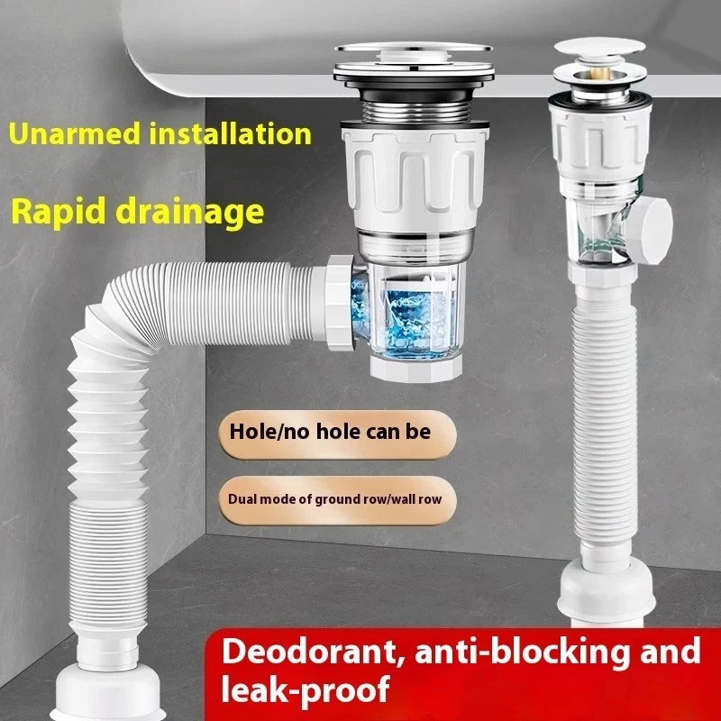 

Flip Top Anti-Odor Drain Pipe Set Sink Drain Retractable Deodorizing Filter Flexible Downspout Bathroom Anti Clogging Household