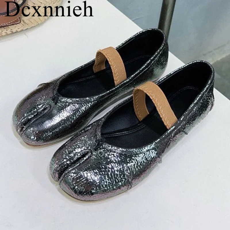 

Spring Women Shallow Mouth Burst Pattern Genuine Leather Flats Lazy Loafers Elastic Band Split Toe Bean Shoes Walking Shoes