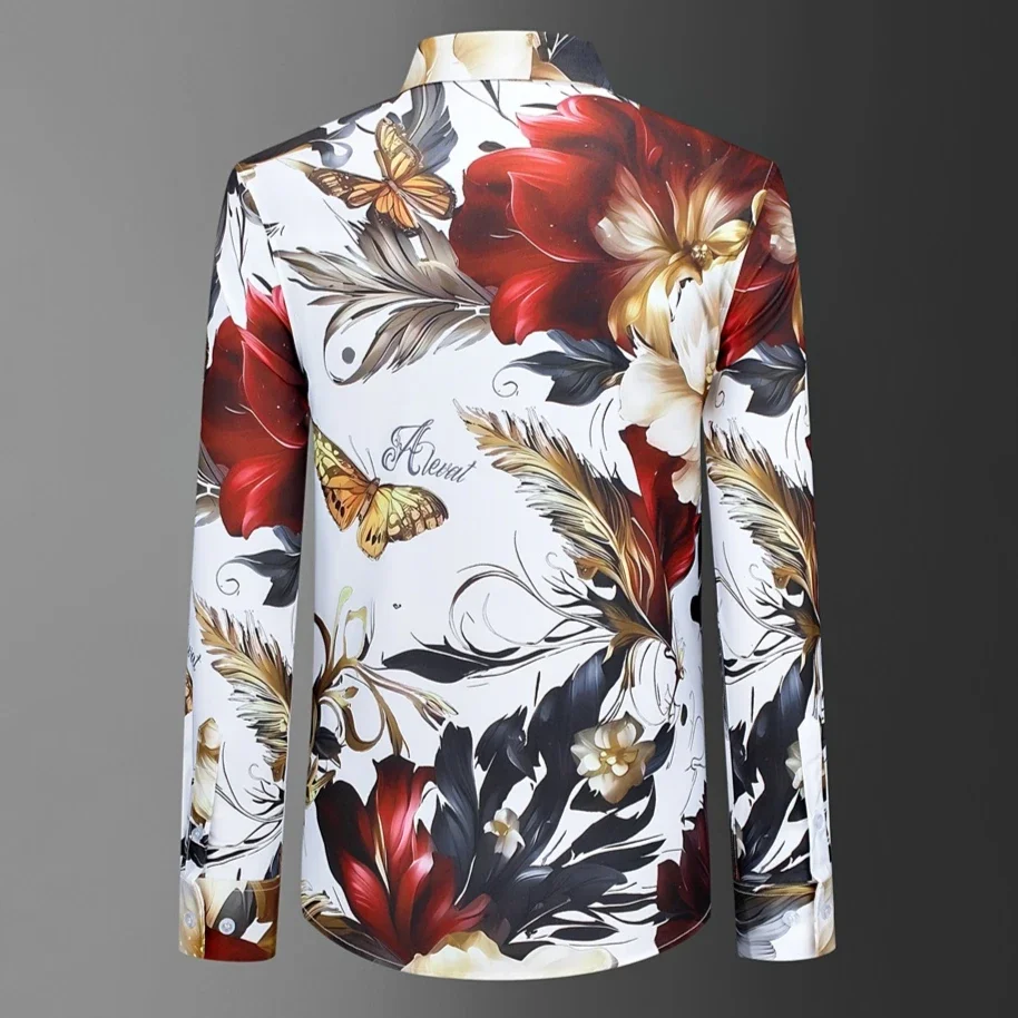 2025 Fashion Luxury Rhinestone Flower Shirt Men\'s Long Sleeve Casual Slim Shirt Retro Social Party Dress Business Formal Shirt