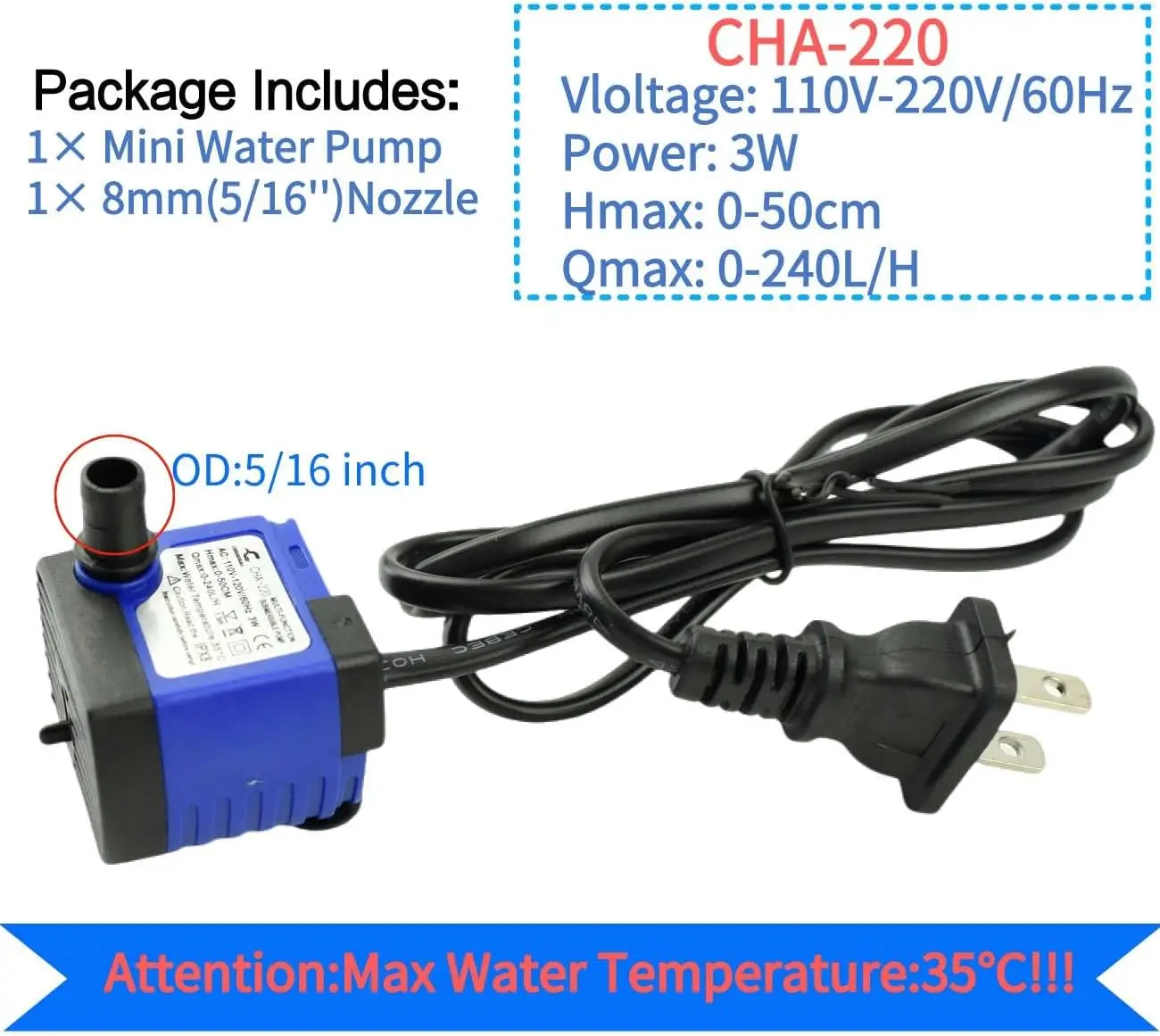 Chancs-超静音水中ウォーターポンプ、水槽用の高リフト、CHA-220、60gph、ac 220v、3w、1.64ft、1.64ft