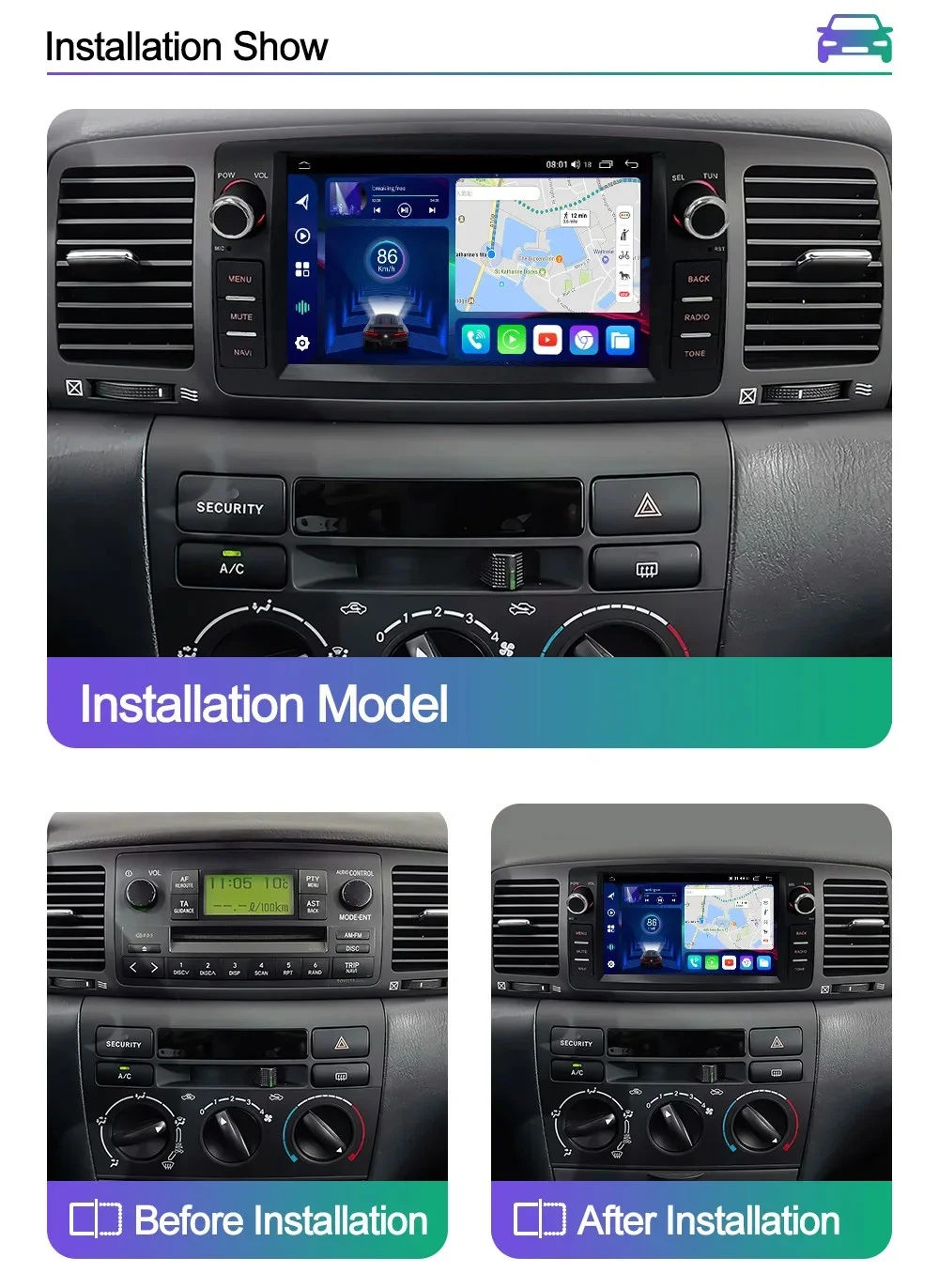 Android 16 For Toyota Corolla/Altis E120 2000-2006 For BYD F3 2006-2013 Car Radio Car Radio Wireless CarPlay Auto Multimedia