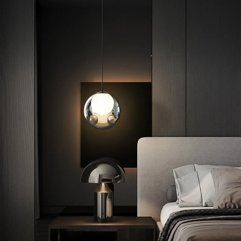 Modern Minimalist Pendant Light Gray Glass Ball Hanging Lamp Home Decor for Bedroom Dining Table Bedside Led Ceiling Chandelier