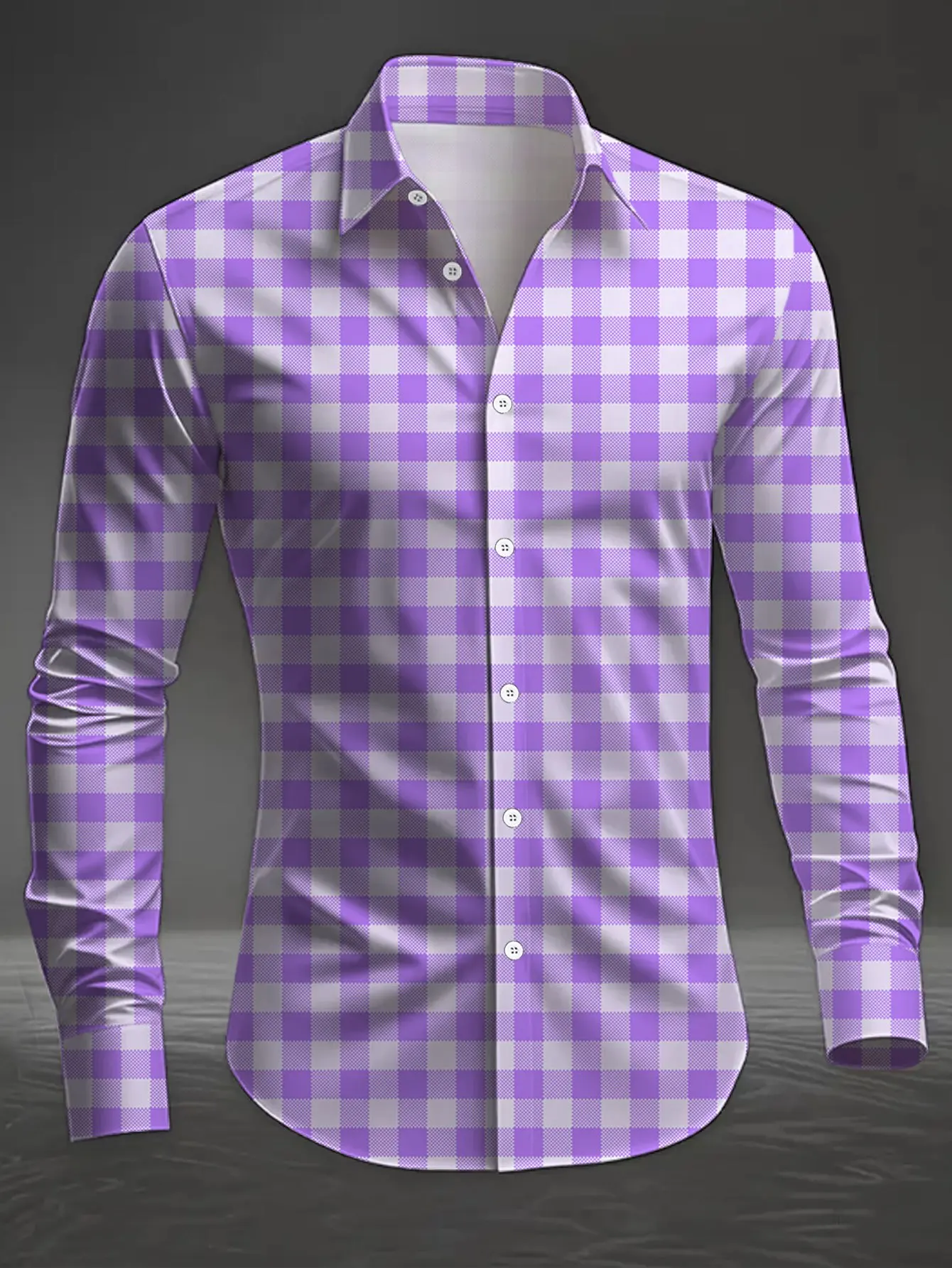 Men Lapel Collar Shirt Fresh Lilac White Classic Gingham Checkered Graphic Polyester Long‑Sleeve Top