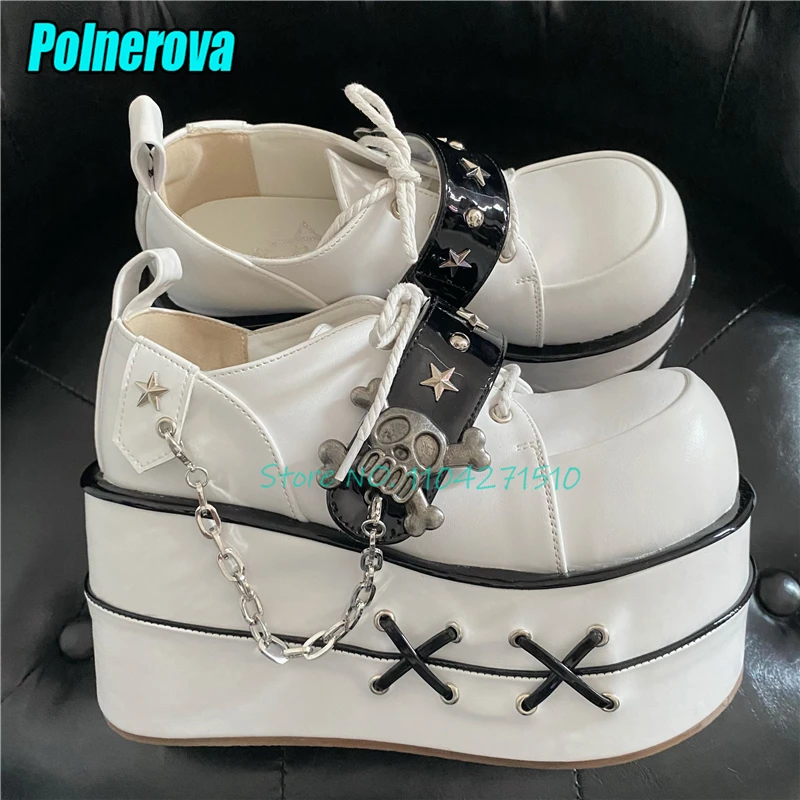

White Black Chunky Platform High Heels for Women Gothic Style Rivet Strap Chain Round Toe Thick Soled Pumps Y2K Girl Shoes