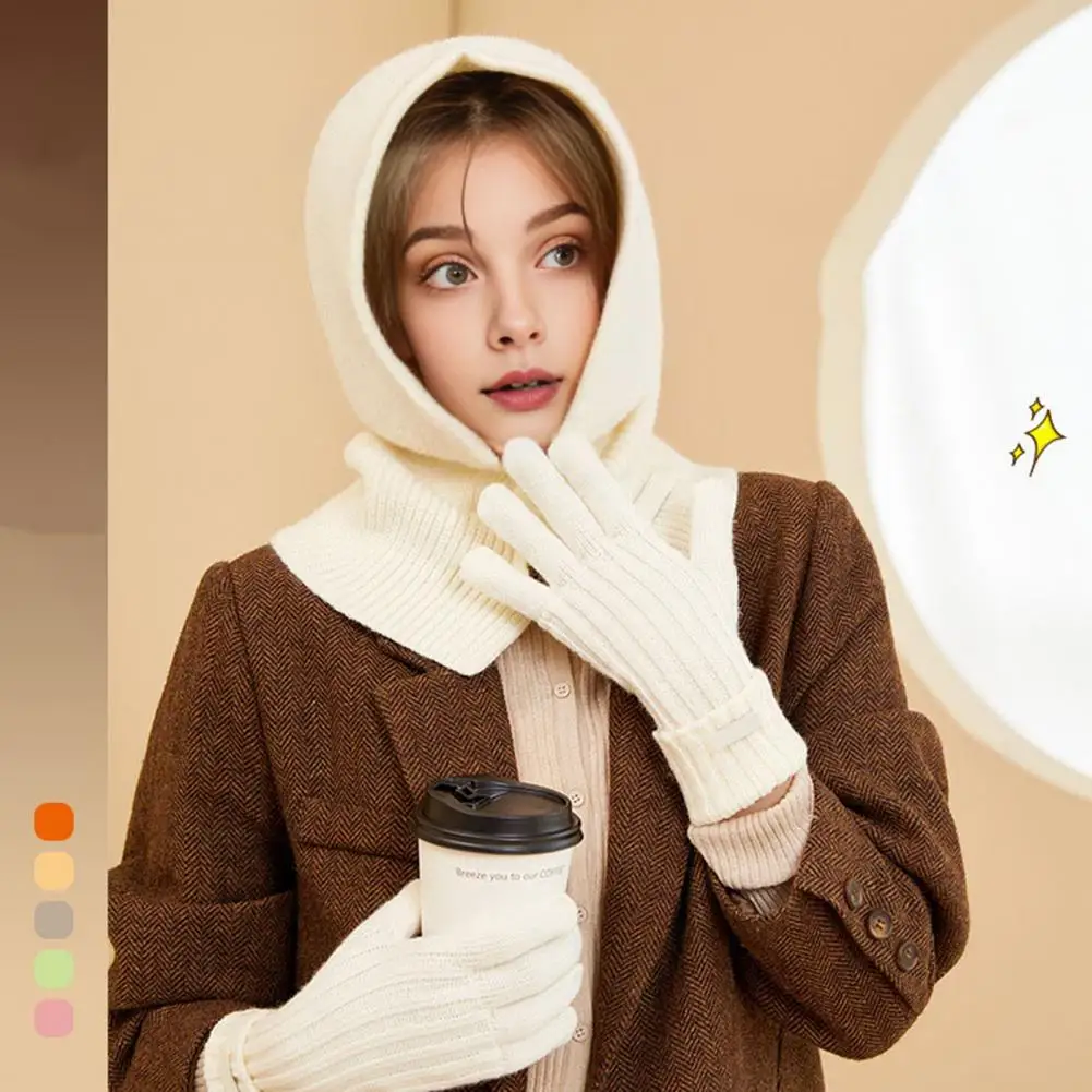 

Woolen Hat Glove Set Women's Winter Knitted Hat Gloves Set with Integrated Scarf Balaclava Button Closure Elastic Neck