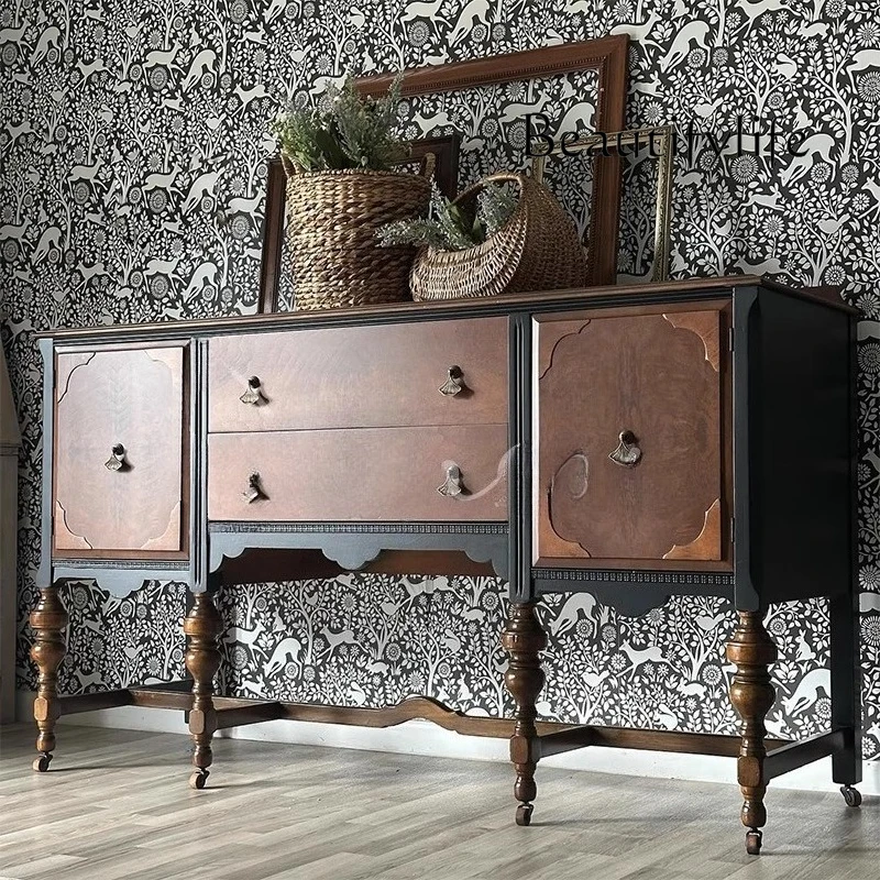 

Retro solid wood dining side cabinet, contrasting color decorative cabinet, antique small apartment, dining room storage cabinet