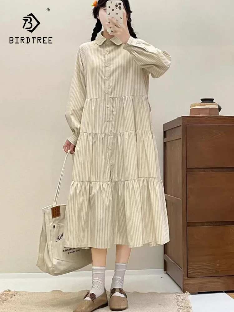 

Новые осенние хлопковые платья с длинными рукавами 2025, женское свободное платье с отложным воротником в полоску, милое свободное платье Mori Girl во французском стиле ретро D59357CC