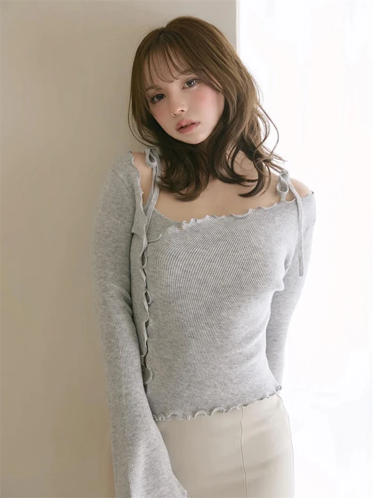 

Sweet Style Pure Desire Thin Series Knitted Vest with Belt Wood Grain Two Piece Set Women's Long Sleeve Thin Knitted Top