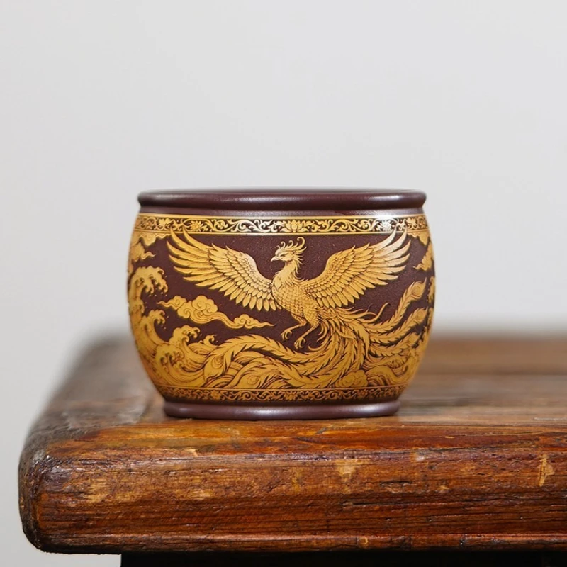 Yixing Zisha Handmade Purple Clay Carved Dragon Phoenix Teacup Master Tea Cup Ceramic Tasting Cup For Gongfu Tea Set