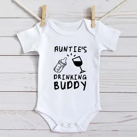 Aunties Drinking Buddy Cute Newborn Baby Clothing Cotton White Bodysuit Boys Girls Romper Summer Baby Clothing