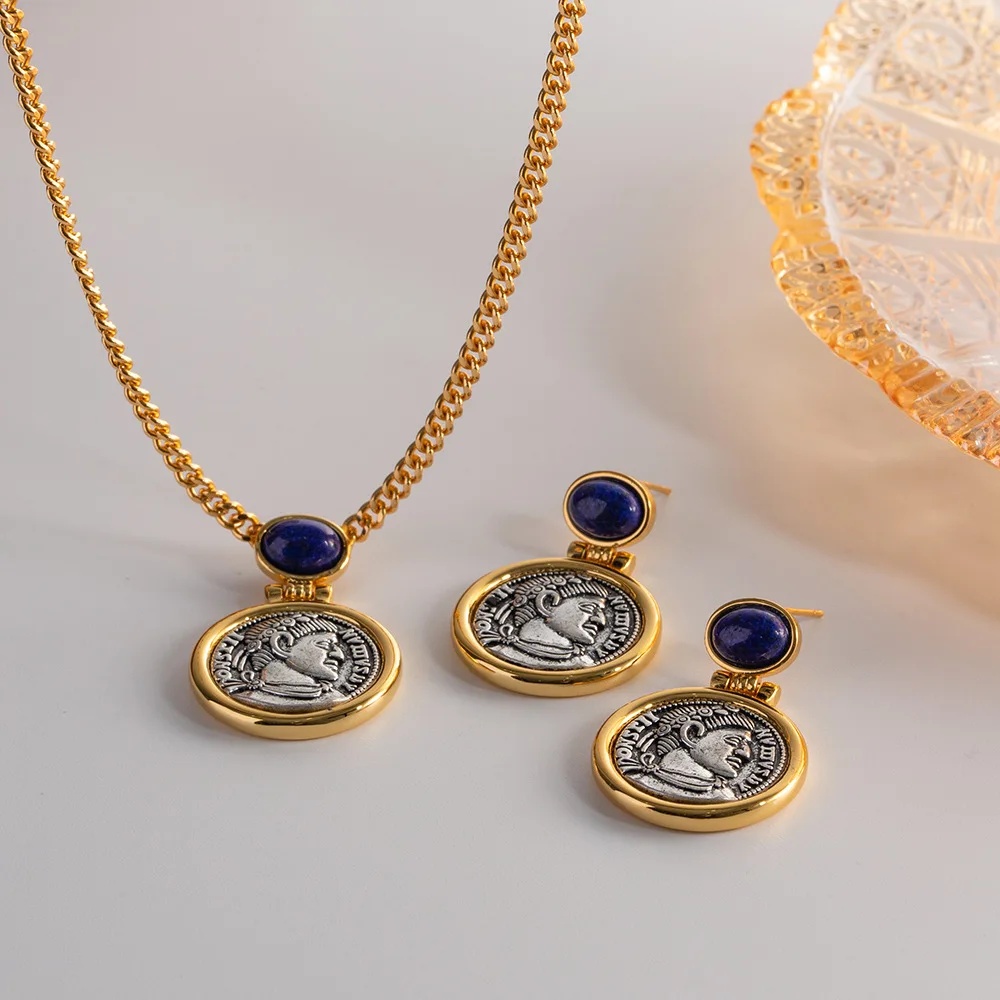

Vintage French Necklace for Women Ancient Coin Inlaid with Lapis lazuli Figure Medieval Palace Pendant Statement Jewelry Gift