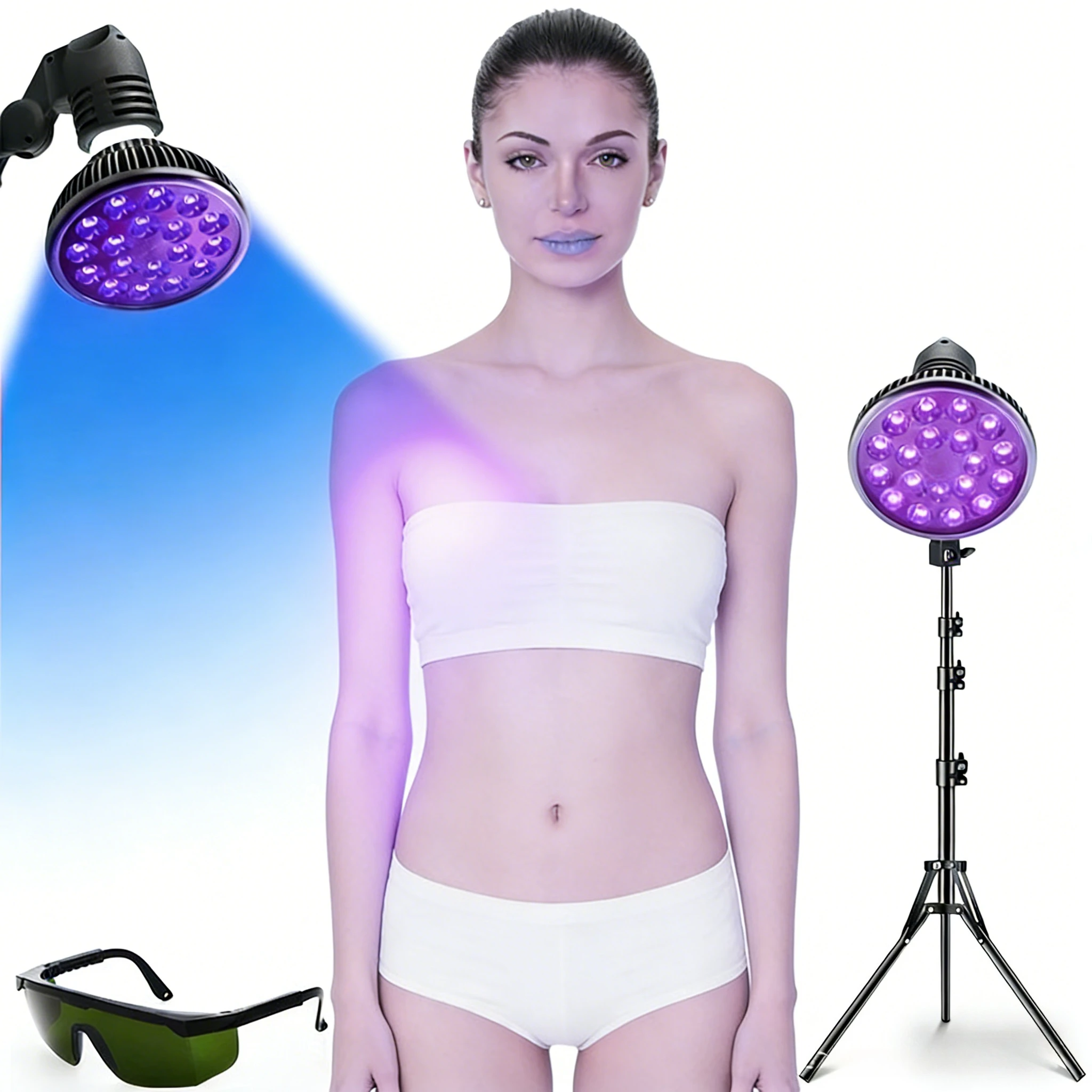 Tanning Lamp 54W Purple LED Sun Lamp, 395&460 nm, Foldable Stand , Eye Mask, Tanning Device for Body Face Skin beauty treatment