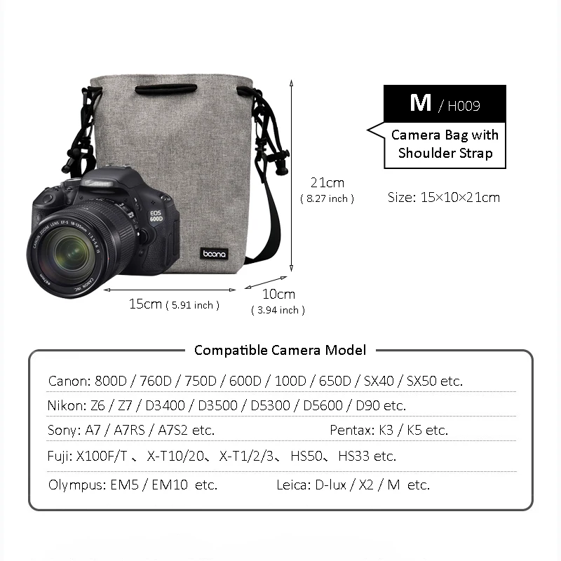 BOONA Camera Shoulder Strap Bag Lens Bag Drawstring Pouch Waterproof Camera Pouch Protective for DSLR Nikon Canon Sony Pentax - view 3