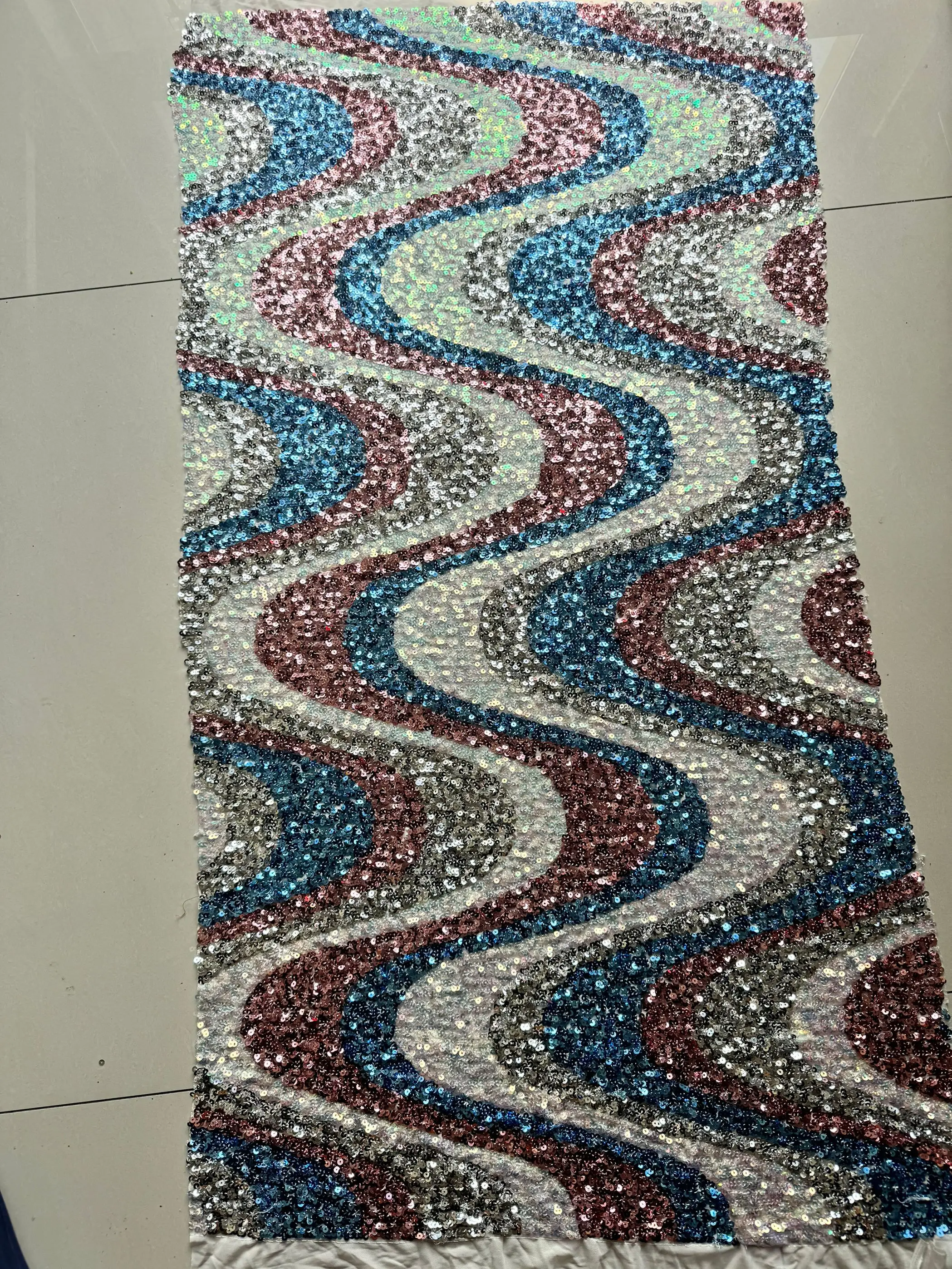

4 Colors America Rainbow Wave Glitter Dry Fabric Striped Sequin Fabric For Evening Dress Lace Material
