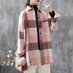 High Quality Lazy Style Thickened Ground Wool Plaid Shirt Woman 2022 Spring Autumn New Korean Woollen Shirt Coat Woman Commuting