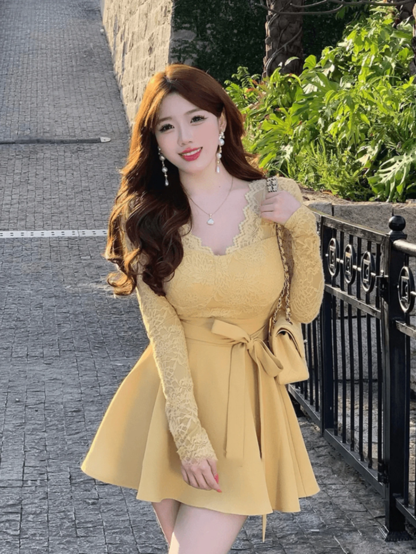 

XZY Lace V-ne Long Sve Dr Women's plus Size Winter Belted Waist Flared Skirt French Sle Slim Fit Daily Wear A-line ...