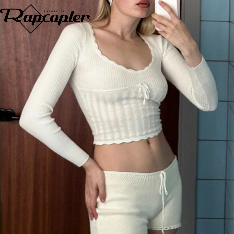 

Rapcopter y2k Bow Trim Sweaters White V Neck Full Sleeve Knitted Slim Pullovers Cute French Basic Knitwear Autumn Winter Retro