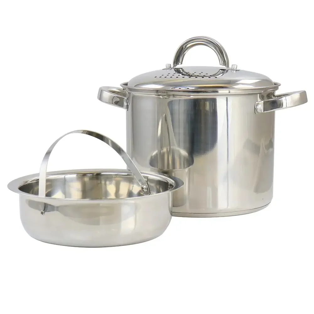 Stainless Steel 5 Quart Pasta Pot with Strainer Lid and Steamer Basket Cookware Set Steamed Dishes Polished Body Luxury Kitchen