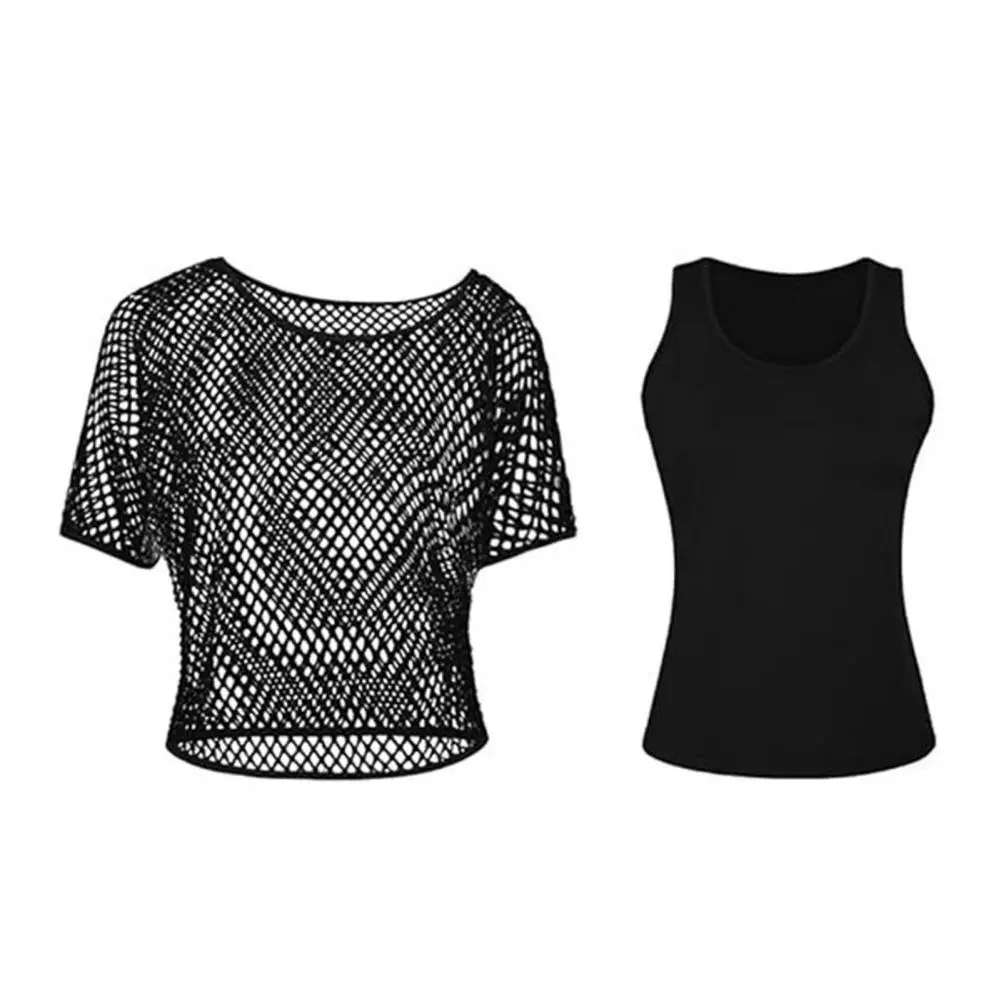 Solid Color Top Fashionable Fishnet Vest Set with Off Shoulder Design O-neck Cover Up 2pcs/set for A Stylish Look Soft Stretchy