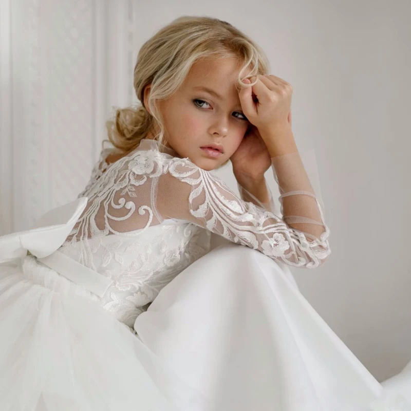 Robes de demoiselle d'honneur blanches en satin, appliques à motifs blancs avec nœud, manches longues pour mariage, fête d'anniversaire, première communion, quoi que ce soit