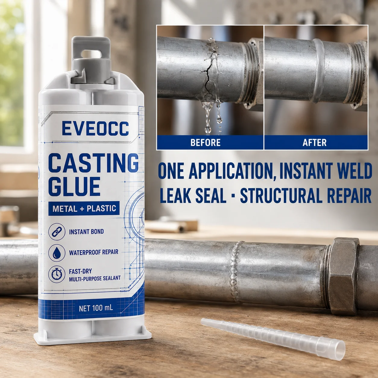 Heavy‑Duty Casting Repair Glue 100ml, Waterproof Instant Adhesive Fast Dry Sealant for Metal Plastic Crack Fix