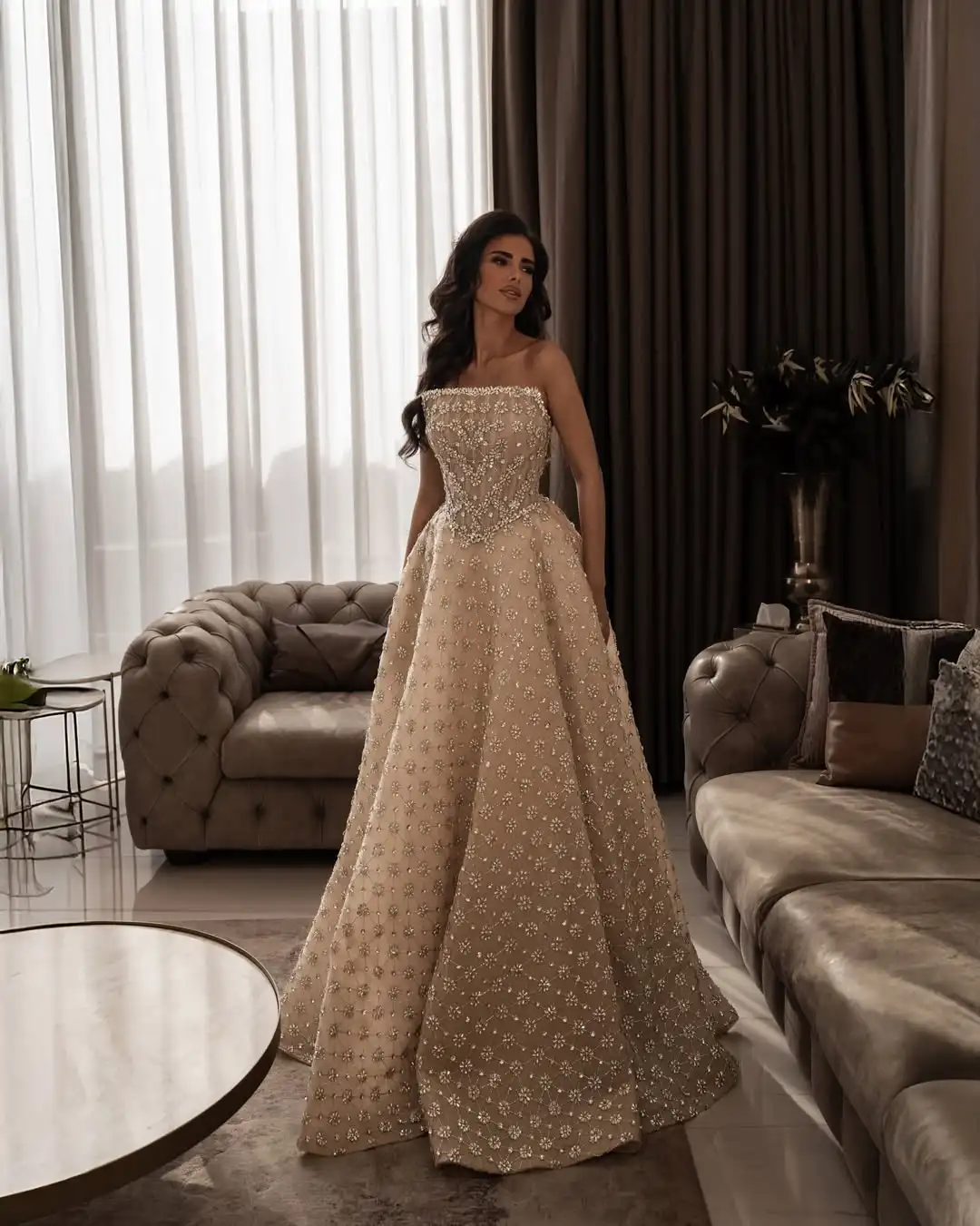 

Custom Luxury Beaded Flower Evening Prom Party Dress Strapless Corset A-Line Floor Length Ball Gown Wedding Red Carpet Eid