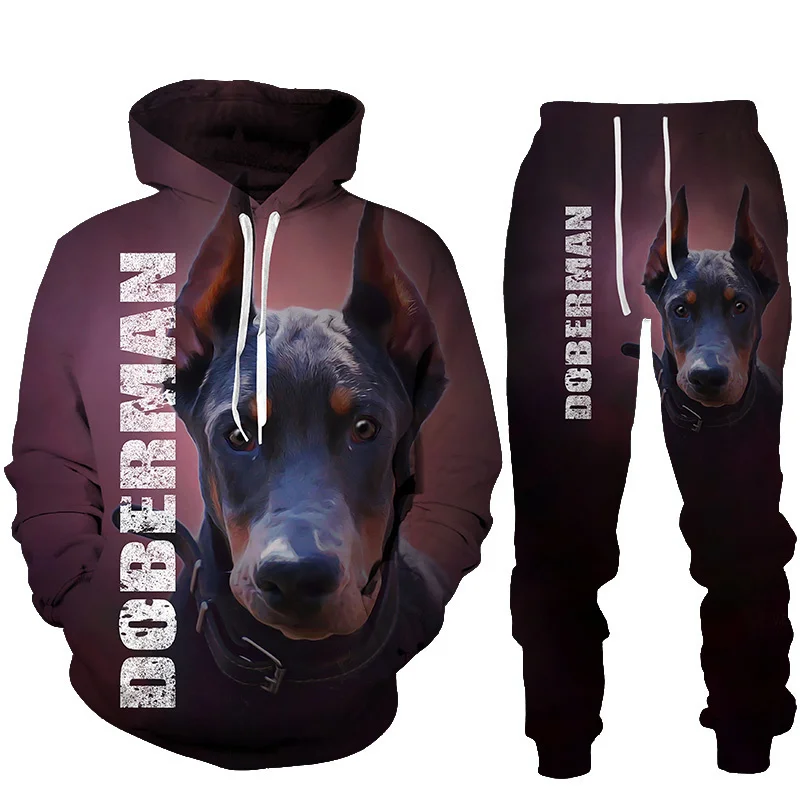 Spring and Autumn 3D Doberman Printed Hoodies Sweatpants Men\'s Hooded Sweatshirt Sets Men\'s Sportswear Tracksuit Men\'s Clothing