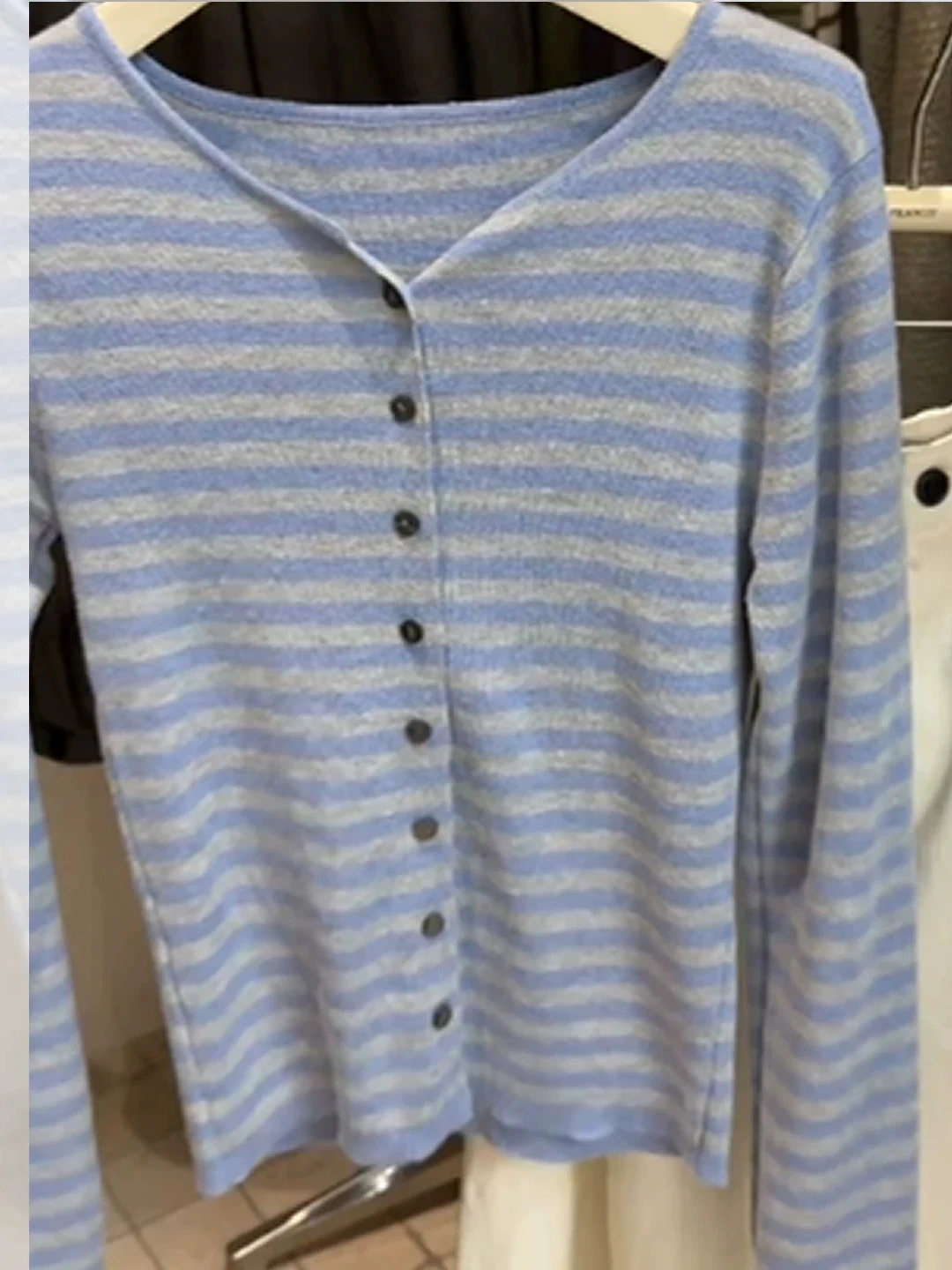 Blue Striped round Neck Single Button Long Sleeve Knitted Open Cardigan Women's Autumn High-End Slimming Small Figure Top