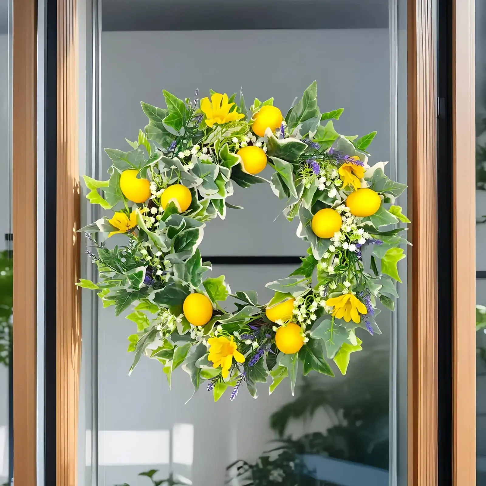 

Lemon Wreath for Front Door Round Summer Spring Wreath with Faux Yellow Lemon Green Leaves for Wall Garden Window Party Holiday