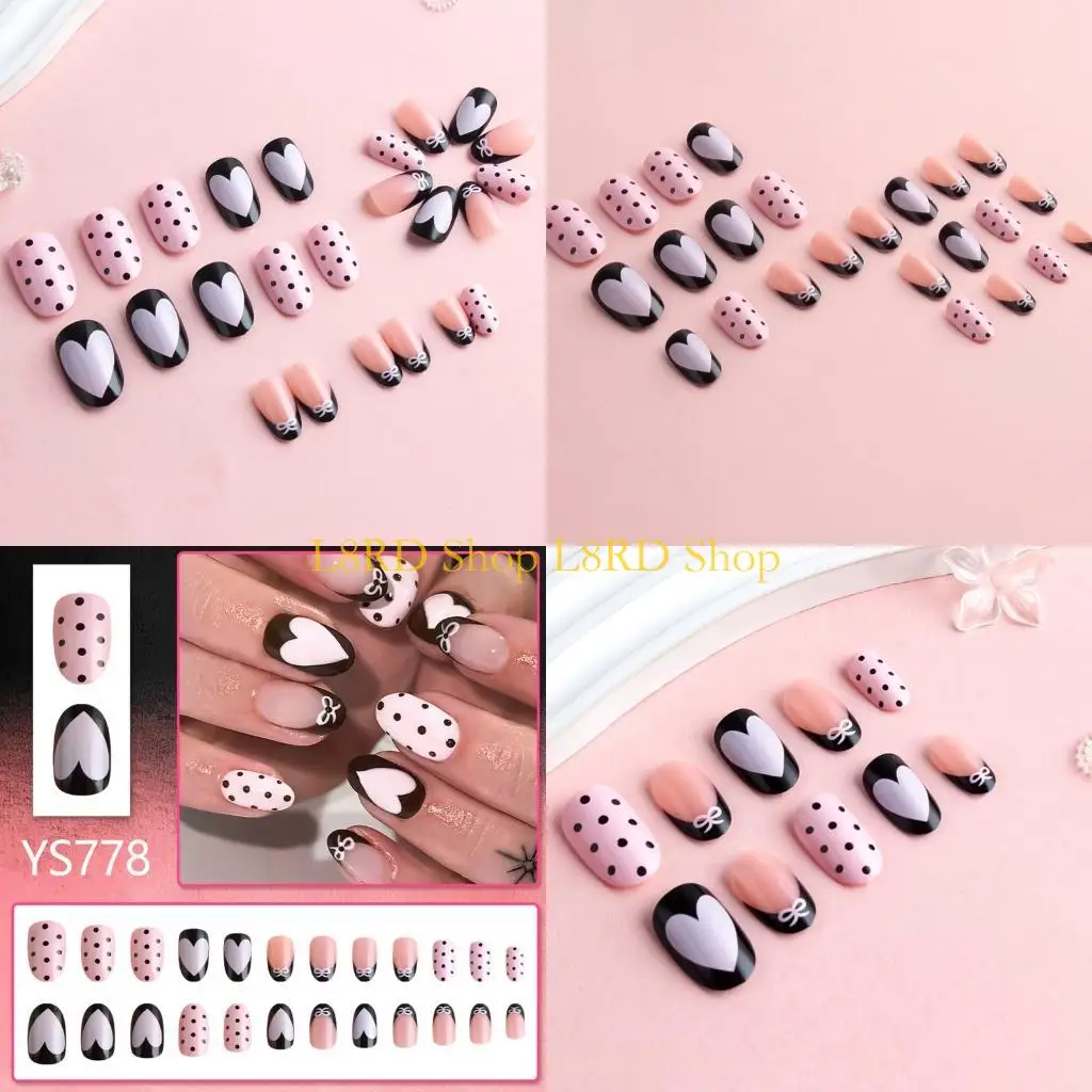 

L8RD 24Pieces Press On Short Round Bows Design Shimmering Fingernails
