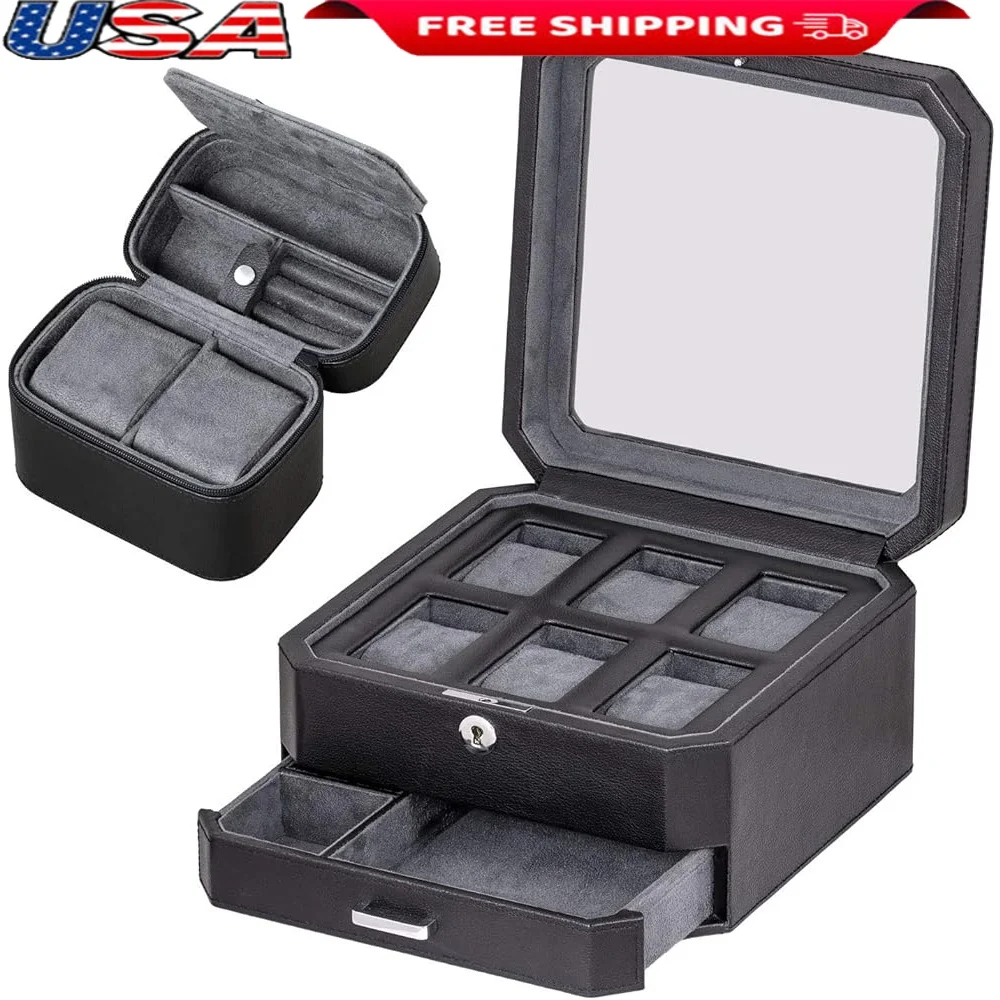 

Luxury 6 Slot Watch Box Gift Set with Valet Drawer and 2 Watch Travel Case Microsuede Liner Leather Organizer Travel Storage