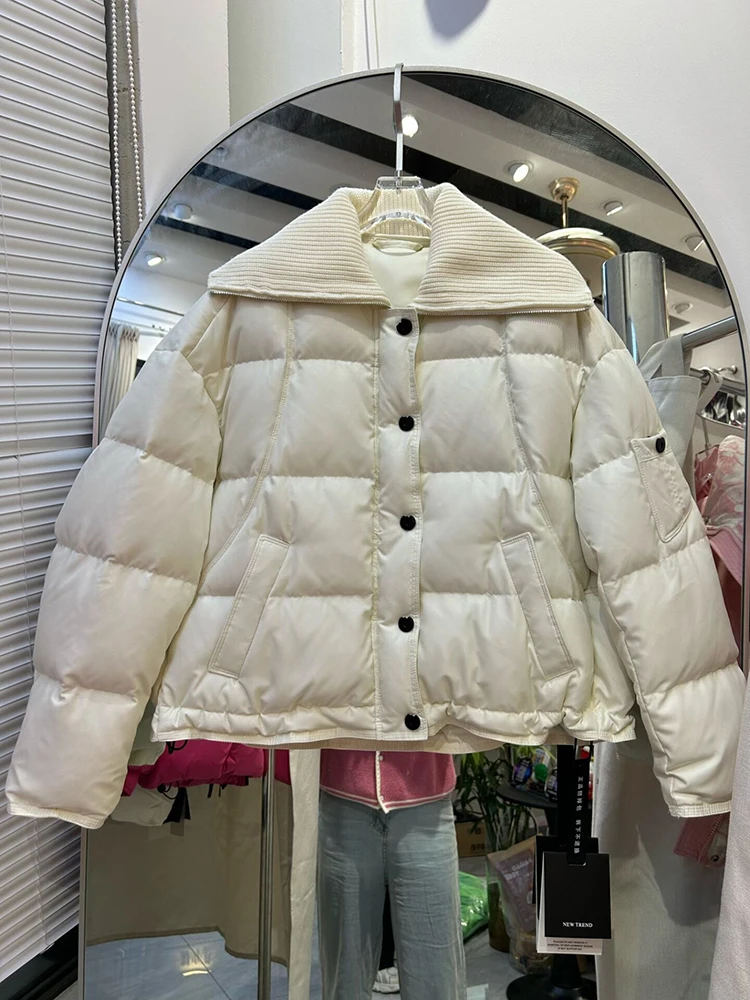 

Winter Large Lapel Short Warm Down Jacket Female Solid Pocket Cotton Jacket Women White Duck Down Thicken Zipper Parker Outwears