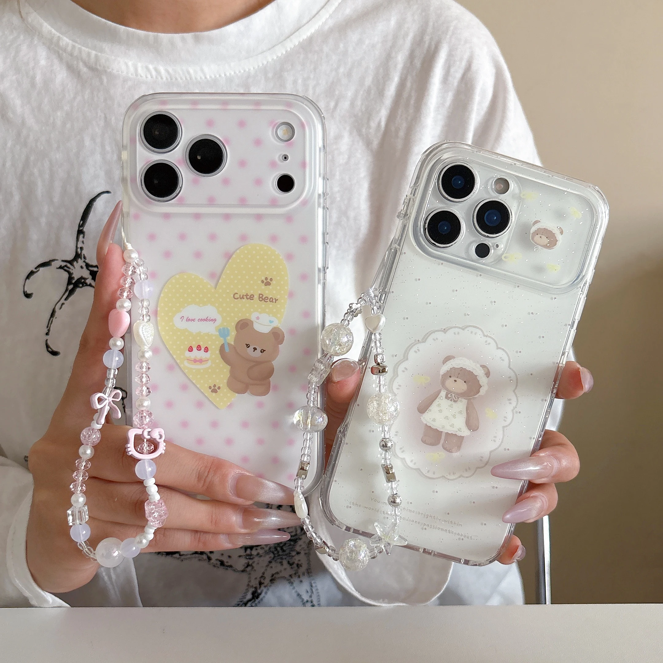 Cartoon Simple Bear Polka Dot Pattern Pink White Shockproof Protective Cover Case For iPhone 17 16 15 Pro Max with Lanyard - view 6