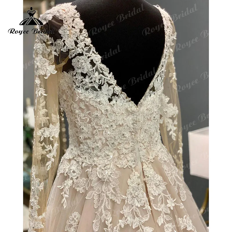 Винтажное кружевное платье Roycebridal с длинным рукавом и V-образным вырезом, свадебное платье с открытой спиной, выполненное на заказ, в стиле бохо, садовое длинное свадебное платье