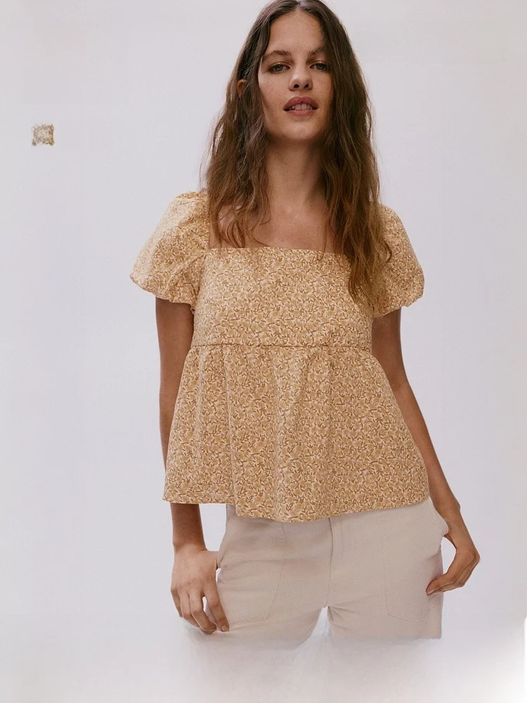 

H&M Women's Bubble Sleeve Shirt Summer 2026 American Sweetheart Style Back Tie Cotton Vintage Fit Short Sleeve Square Collar
