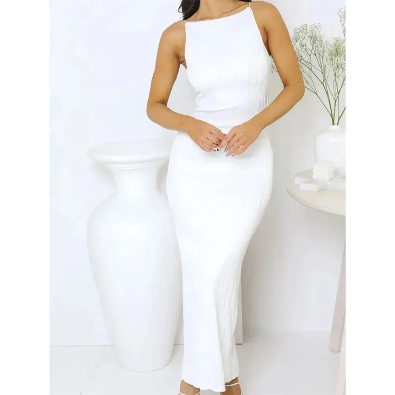 Sexy Women Long Bodycon Dress Ruched Sleeveless Slim Solid Summer Party Back Split Dress Clubwear Female Sheath Dress