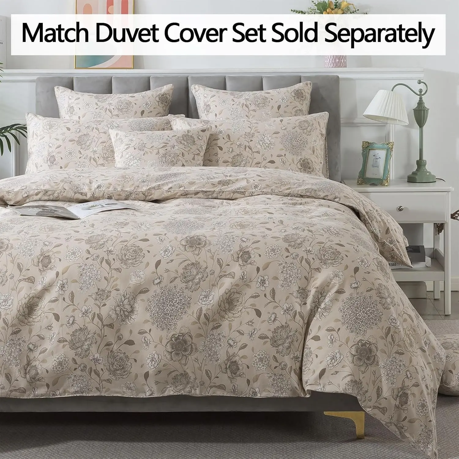 King Size 4-Piece Vintage Floral Bedding Set – Light Khaki, 100% Brushed Cotton, Hydrangea, Peony & Daisy Pattern