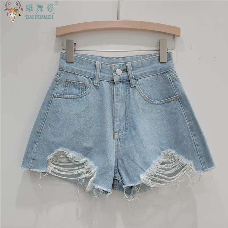 

Summer Denim Shorts Hot Pants Women Korean Fashion Ripped Holes High Waist Short Jeans Female Casual Street Wide Leg Short Pants