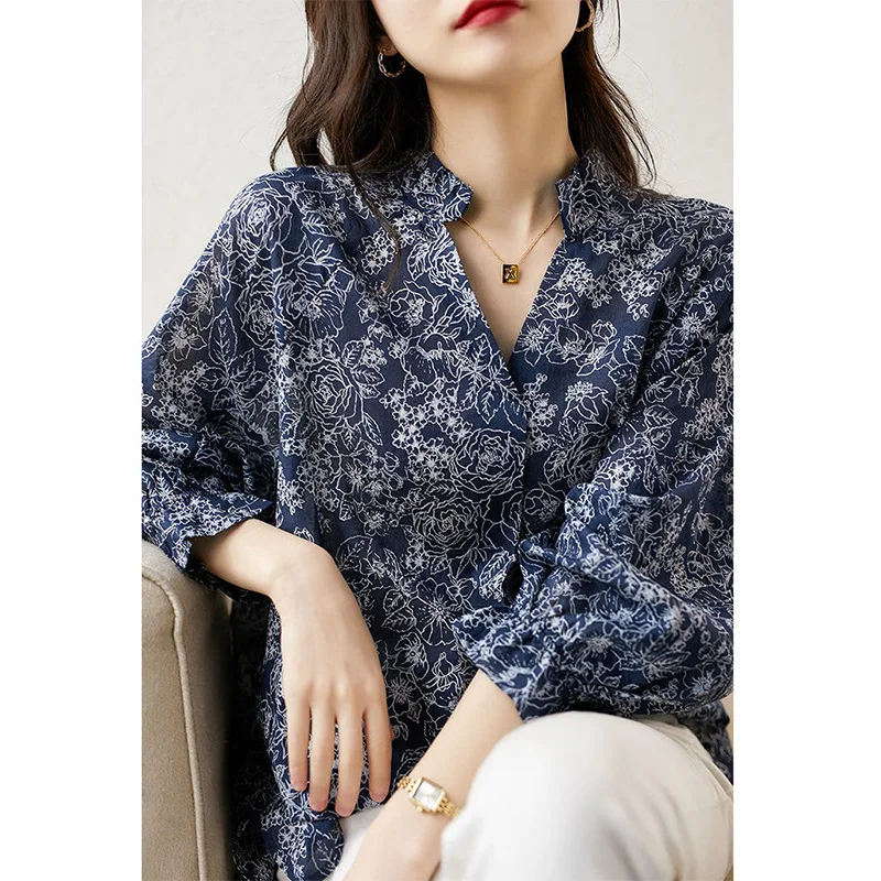 Spring and Autumn Women\'s Clothing Korean V-Neck Floral Printed Lantern Long Sleeve Button Pullover Shirt Loose-fitting Blouse