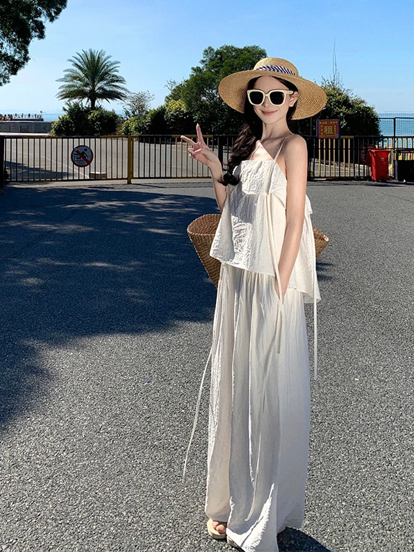 

Летний комплект широких брюк, женский повседневный свободный комплект для путешествий на острове, из двух предметов, модный праздничный хлопковый длинный комплект...