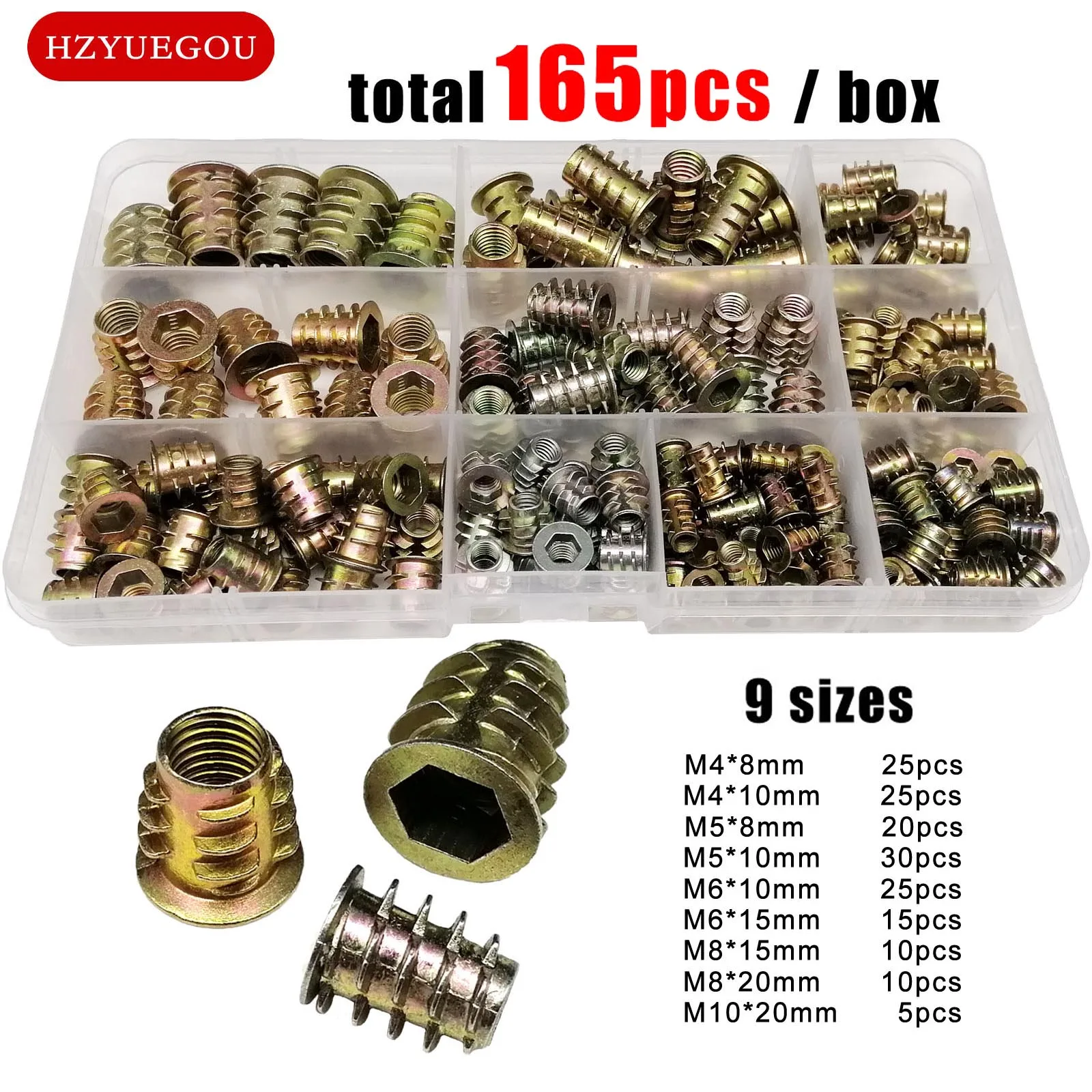 165/75/55pcs Insert Moer E-moer Mix M4 M5 M6 M8 Set Kit Draad Ingebed Hex Zeshoek Hoofd Houten Meubels Bedkast Tafel