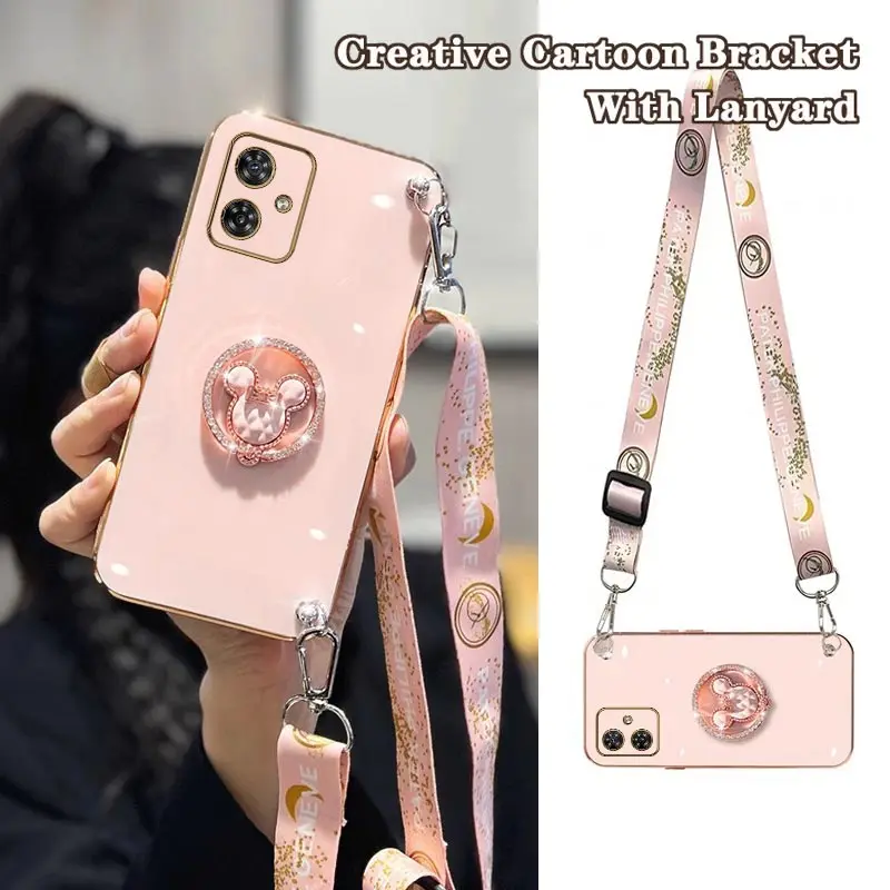 G54 Delicate Cartoon Holder Lanyard Plating Phone Case For Motorola MotoG54 Thin Shatterproof Protection MotoG54 Soft Back Cover