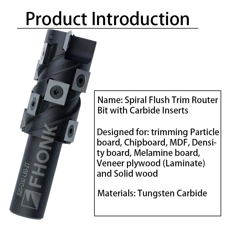 Punta del router con rivestimento a filo con gambo da 20 mm Pulizia inferiore Diametro 32 mm Punta del router a spirale per utensili per la lavorazione del legno Inserto in metallo duro sostituibile