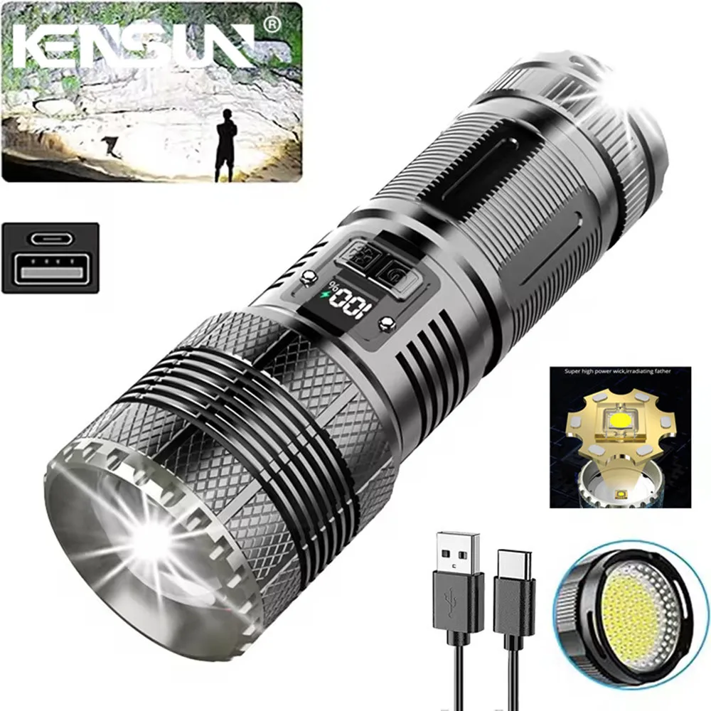 High Power LED Flashlights Long Range Tactical Torch Ultra Bright Lamp Built-in Battery Lantern Outdoor Emergency Spotlight