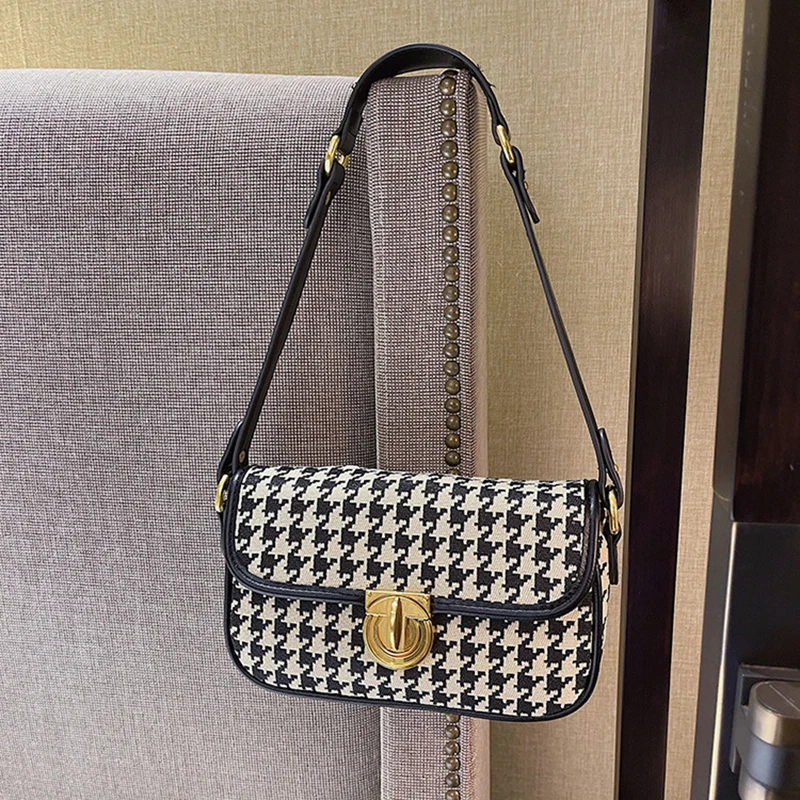 2024 Vintage Casual Elegant Fashion Women Handbag Daily Design Houndstooth Small Messenger Shoulder Bag Felt Plaid  Armpit Bag