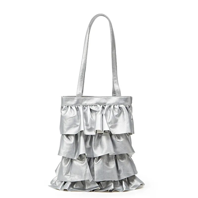 

High-end, niche pleated ruffled shoulder bag, lace bucket bag, casual and fashionable large-capacity lace skirt bag