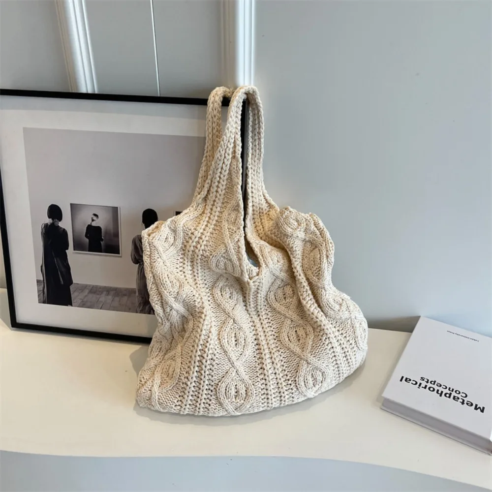 Knitted Braid Crochet Tote Bags Solid Color Simple Design Hollow Knitted Bags Hollow Pattern Ladies Shopping Bags Daily Use