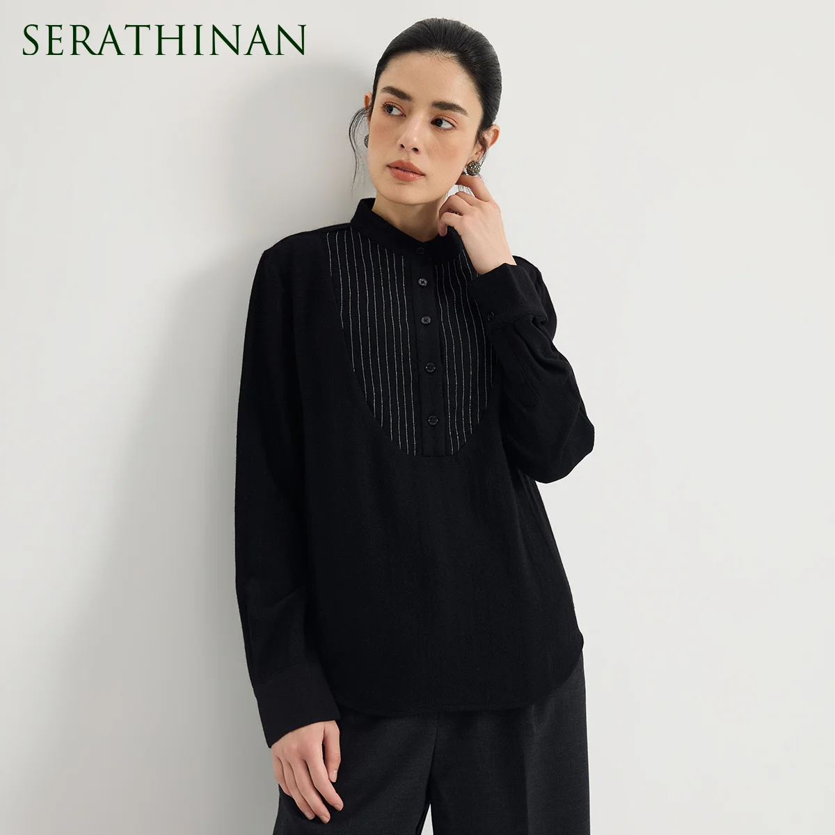 KL9623924 Women's 100% Merino Wool Stand Collar Lurex Bib Stripe Pullover Blouse Relaxed Fit Elegant Top Early Autumn