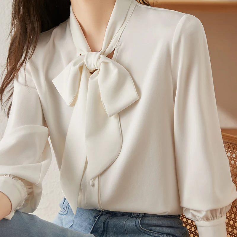 Women Autumn Winter Style Satin Blouses Basic Tops Lady Office Shirts Casual Bow Tie Collar Long Sleeve Loose Blusas Tops